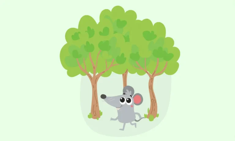 Illustration of a cartoon mouse walking happily on its hind legs beneath three green, leafy trees against a light green background. The mouse has a big smile and large, expressive eyes.