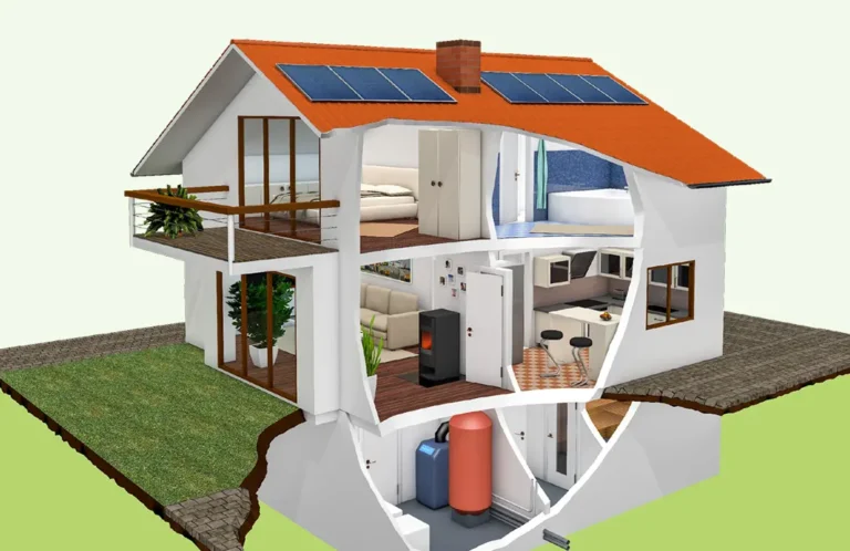 Cross-section of a modern, eco-friendly house with solar panels on the orange roof. Features include a bedroom, bathroom, living room, kitchen, and a basement with heating equipment. A small garden surrounds the house.