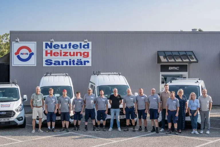 A group of people, wearing gray shirts and blue pants, pose in front of a building with a sign reading Neufeld Heizung Sanitär. Three white vans are parked in front of the building. The sky is clear, and it appears to be a sunny day.